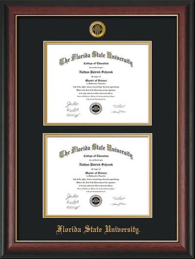 Image of Florida State University Diploma Frame - Rosewood w/Gold Lip - w/Embossed FSU Seal & Name - Double Diploma - Black on Gold mats