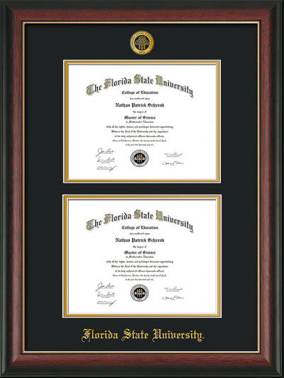Image of Florida State University Diploma Frame - Rosewood w/Gold Lip - w/Embossed FSU Seal & Name - Double Diploma - Black on Gold mats
