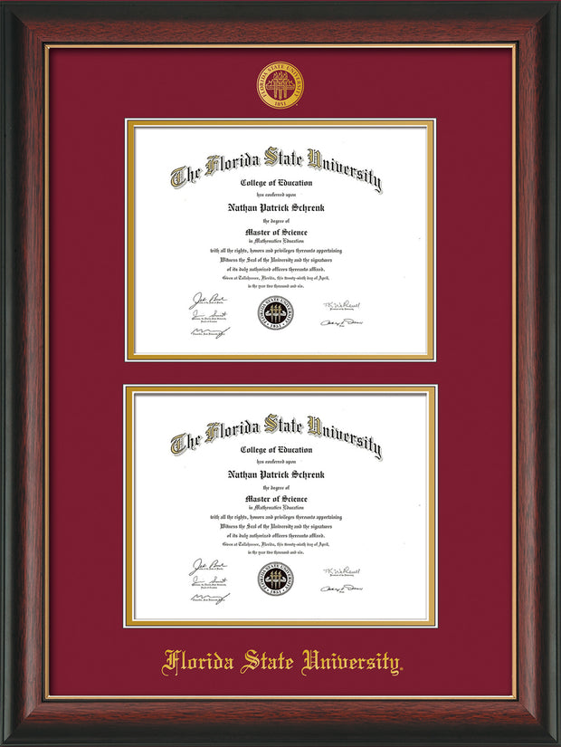 Image of Florida State University Diploma Frame - Rosewood w/Gold Lip - w/Embossed FSU Seal & Name - Double Diploma - Garnet on Gold mats