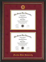 Image of Florida State University Diploma Frame - Rosewood w/Gold Lip - w/Embossed FSU Seal & Name - Double Diploma - Garnet Suede on Gold mats