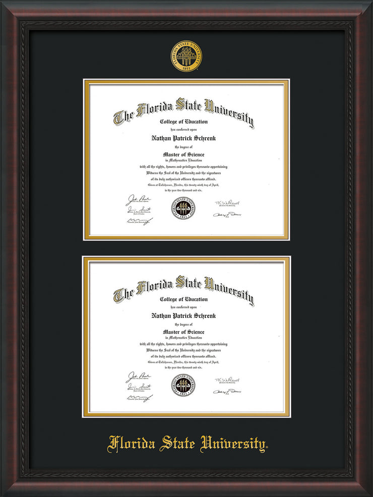 Image of Florida State University Diploma Frame - Mahogany Braid - w/Embossed FSU Seal & Name - Double Diploma - Black on Gold mats
