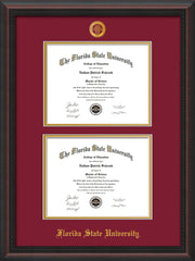 Image of Florida State University Diploma Frame - Mahogany Braid - w/Embossed FSU Seal & Name - Double Diploma - Garnet on Gold mats