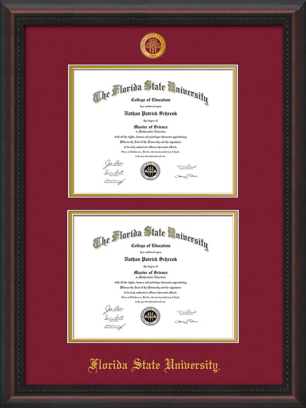Image of Florida State University Diploma Frame - Mahogany Braid - w/Embossed FSU Seal & Name - Double Diploma - Garnet on Gold mats