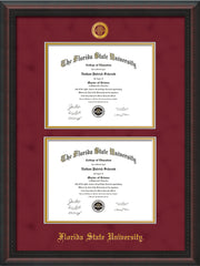 Image of Florida State University Diploma Frame - Mahogany Braid - w/Embossed FSU Seal & Name - Double Diploma - Garnet Suede on Gold mats