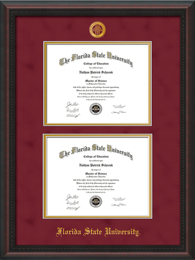 Image of Florida State University Diploma Frame - Mahogany Braid - w/Embossed FSU Seal & Name - Double Diploma - Garnet Suede on Gold mats