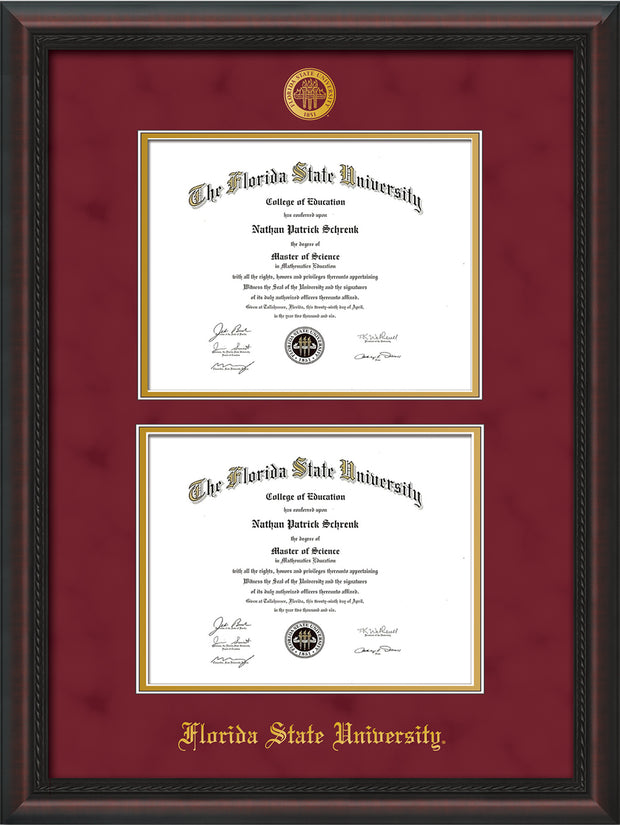 Image of Florida State University Diploma Frame - Mahogany Braid - w/Embossed FSU Seal & Name - Double Diploma - Garnet Suede on Gold mats