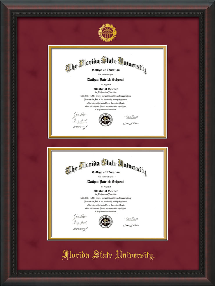 Image of Florida State University Diploma Frame - Mahogany Braid - w/Embossed FSU Seal & Name - Double Diploma - Garnet Suede on Gold mats