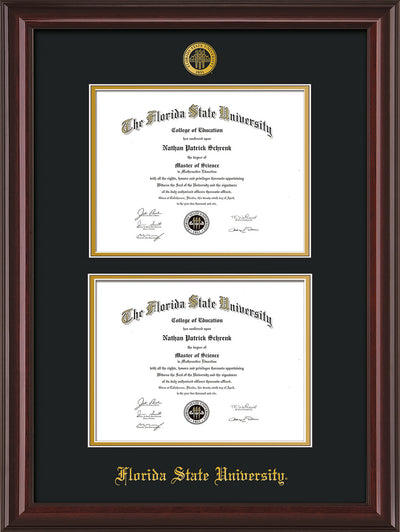 Image of Florida State University Diploma Frame - Mahogany Lacquer - w/Embossed FSU Seal & Name - Double Diploma - Black on Gold mats