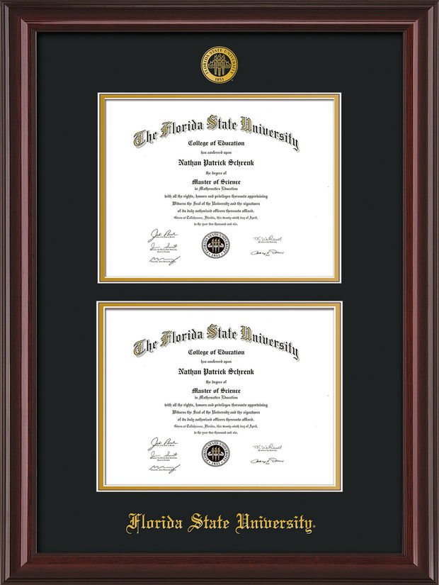 Image of Florida State University Diploma Frame - Mahogany Lacquer - w/Embossed FSU Seal & Name - Double Diploma - Black on Gold mats