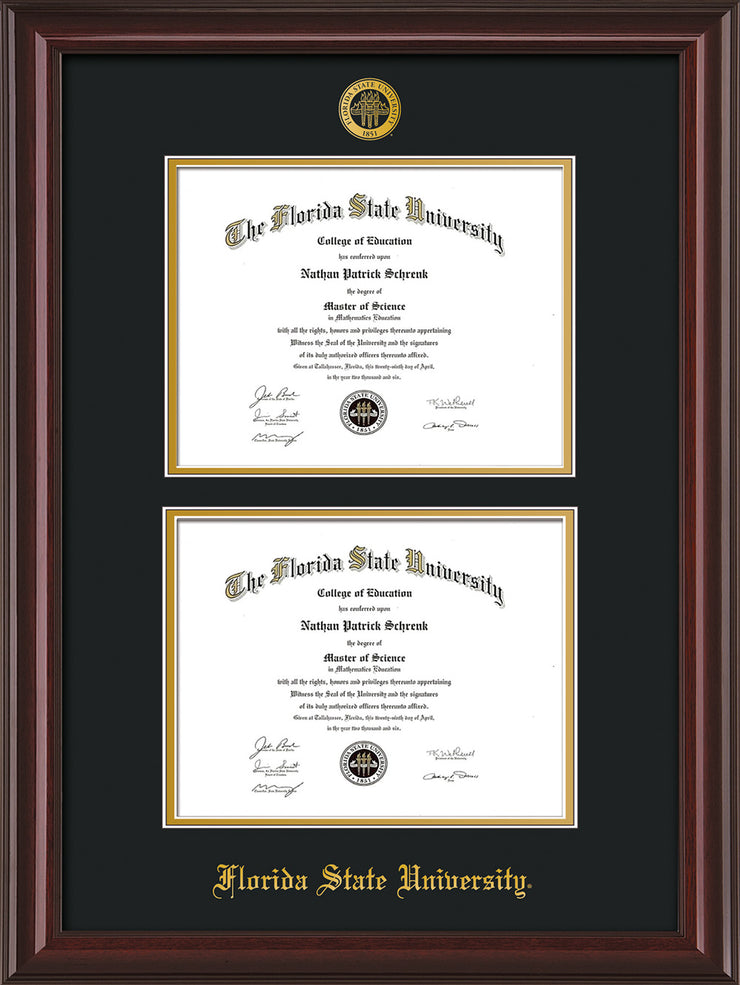 Image of Florida State University Diploma Frame - Mahogany Lacquer - w/Embossed FSU Seal & Name - Double Diploma - Black on Gold mats