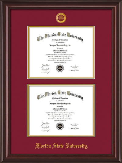 Image of Florida State University Diploma Frame - Mahogany Lacquer - w/Embossed FSU Seal & Name - Double Diploma - Garnet on Gold mats