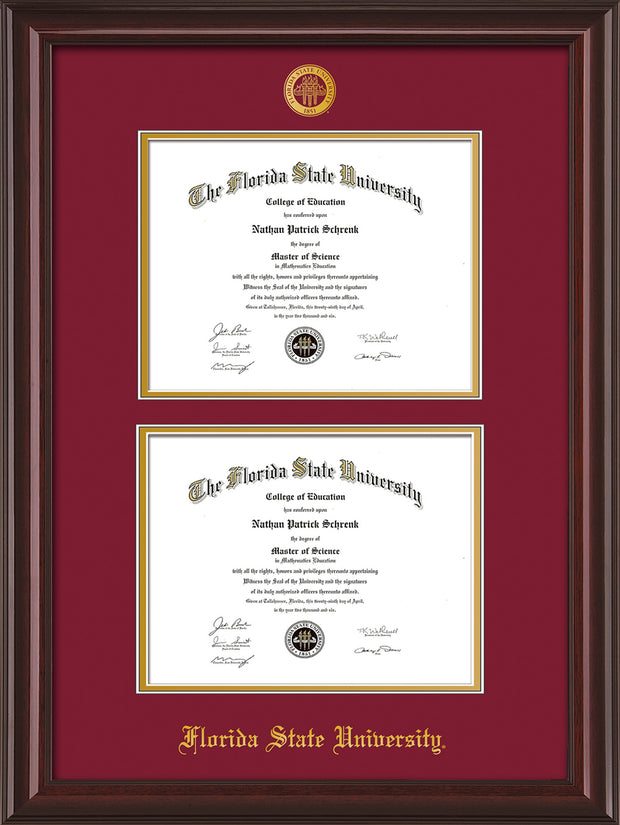 Image of Florida State University Diploma Frame - Mahogany Lacquer - w/Embossed FSU Seal & Name - Double Diploma - Garnet on Gold mats