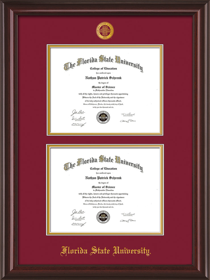 Image of Florida State University Diploma Frame - Mahogany Lacquer - w/Embossed FSU Seal & Name - Double Diploma - Garnet on Gold mats