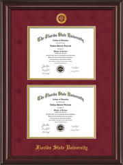 Image of Florida State University Diploma Frame - Mahogany Lacquer - w/Embossed FSU Seal & Name - Double Diploma - Garnet Suede on Gold mats