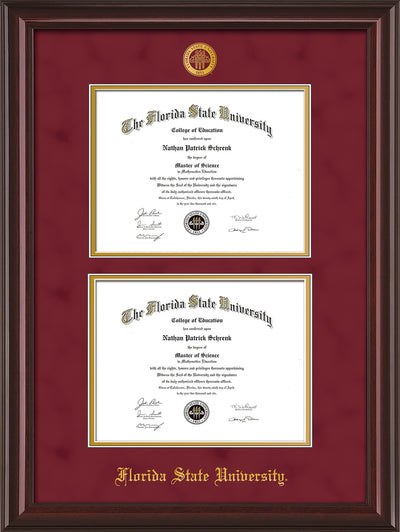 Image of Florida State University Diploma Frame - Mahogany Lacquer - w/Embossed FSU Seal & Name - Double Diploma - Garnet Suede on Gold mats