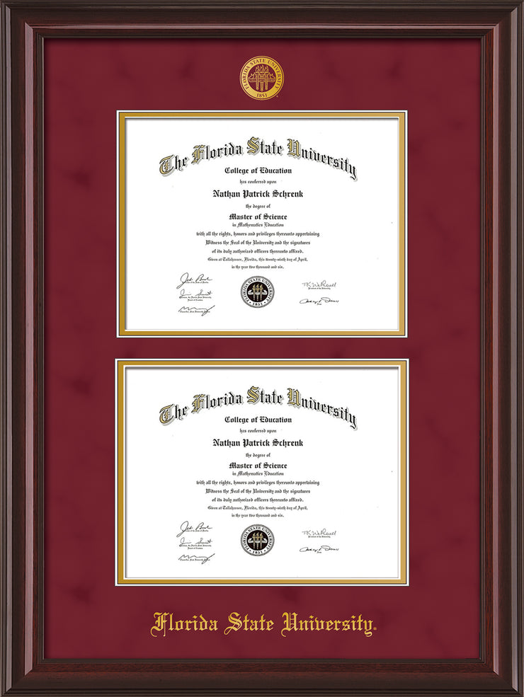 Image of Florida State University Diploma Frame - Mahogany Lacquer - w/Embossed FSU Seal & Name - Double Diploma - Garnet Suede on Gold mats