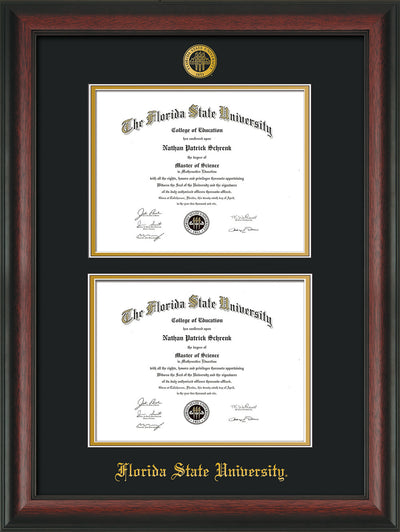 Image of Florida State University Diploma Frame - Rosewood - w/Embossed FSU Seal & Name - Double Diploma - Black on Gold mats