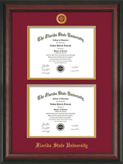 Image of Florida State University Diploma Frame - Rosewood - w/Embossed FSU Seal & Name - Double Diploma - Garnet on Gold mats