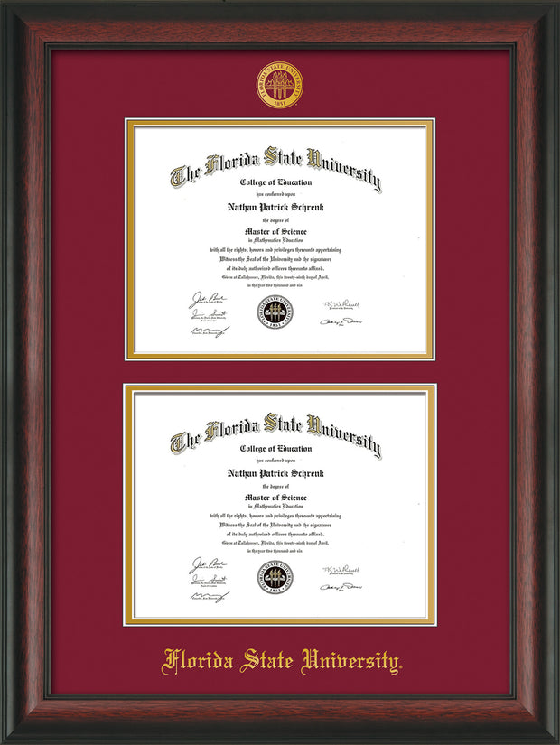Image of Florida State University Diploma Frame - Rosewood - w/Embossed FSU Seal & Name - Double Diploma - Garnet on Gold mats