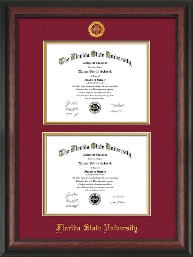 Image of Florida State University Diploma Frame - Rosewood - w/Embossed FSU Seal & Name - Double Diploma - Garnet on Gold mats