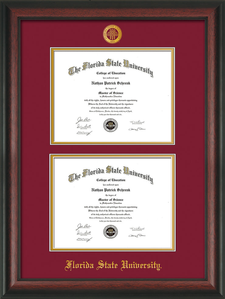 Image of Florida State University Diploma Frame - Rosewood - w/Embossed FSU Seal & Name - Double Diploma - Garnet on Gold mats