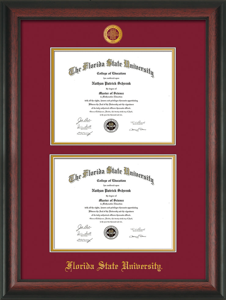 Image of Florida State University Diploma Frame - Rosewood - w/Embossed FSU Seal & Name - Double Diploma - Garnet on Gold mats