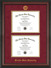 Image of Florida State University Diploma Frame - Rosewood - w/Embossed FSU Seal & Name - Double Diploma - Garnet Suede on Gold mats