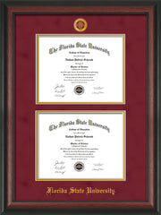 Image of Florida State University Diploma Frame - Rosewood - w/Embossed FSU Seal & Name - Double Diploma - Garnet Suede on Gold mats