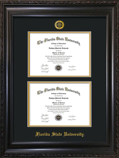 Image of Florida State University Diploma Frame - Vintage Black Scoop - w/Embossed FSU Seal & Name - Double Diploma - Black on Gold mats