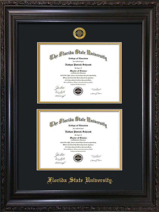 Image of Florida State University Diploma Frame - Vintage Black Scoop - w/Embossed FSU Seal & Name - Double Diploma - Black on Gold mats