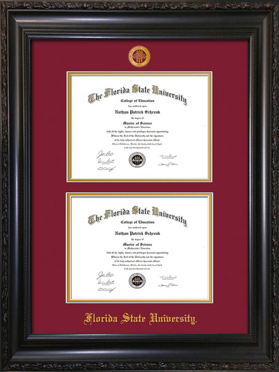 Image of Florida State University Diploma Frame - Vintage Black Scoop - w/Embossed FSU Seal & Name - Double Diploma - Garnet on Gold mats