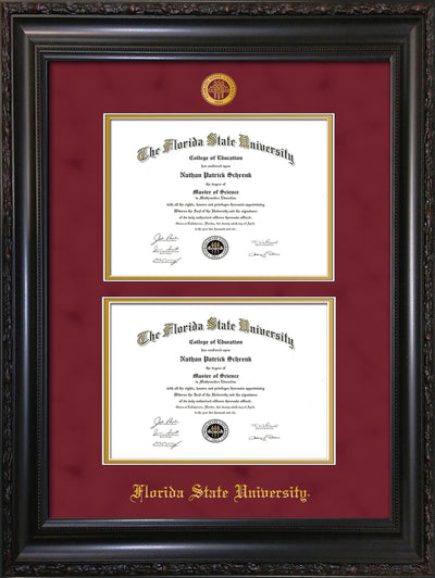 Image of Florida State University Diploma Frame - Vintage Black Scoop - w/Embossed FSU Seal & Name - Double Diploma - Garnet Suede on Gold mats