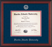 Image of Florida Atlantic University Diploma Frame - Cherry Reverse - w/Silver Embossed FAU Seal & Name - Navy Suede on Red mat