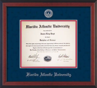 Image of Florida Atlantic University Diploma Frame - Cherry Reverse - w/Silver Embossed FAU Seal & Name - Navy Suede on Red mat