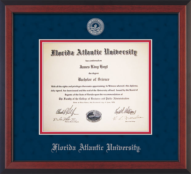 Image of Florida Atlantic University Diploma Frame - Cherry Reverse - w/Silver Embossed FAU Seal & Name - Navy Suede on Red mat