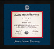 Image of Florida Atlantic University Diploma Frame - Flat Matte Black - w/Silver Embossed FAU Seal & Name - Navy Suede on Red mat