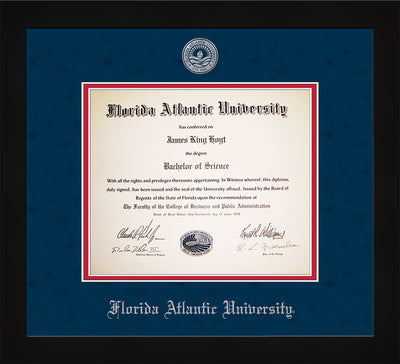 Image of Florida Atlantic University Diploma Frame - Flat Matte Black - w/Silver Embossed FAU Seal & Name - Navy Suede on Red mat