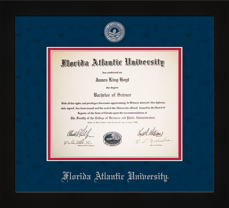 Image of Florida Atlantic University Diploma Frame - Flat Matte Black - w/Silver Embossed FAU Seal & Name - Navy Suede on Red mat