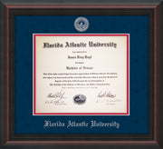 Image of Florida Atlantic University Diploma Frame - Mahogany Braid - w/Silver Embossed FAU Seal & Name - Navy Suede on Red mat