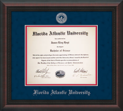 Image of Florida Atlantic University Diploma Frame - Mahogany Braid - w/Silver Embossed FAU Seal & Name - Navy Suede on Red mat