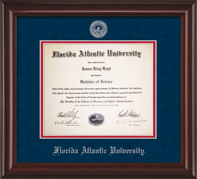 Image of Florida Atlantic University Diploma Frame - Mahogany Lacquer - w/Silver Embossed FAU Seal & Name - Navy Suede on Red mat