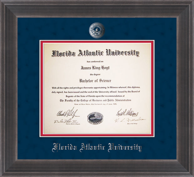 Image of Florida Atlantic University Diploma Frame - Metro Antique Pewter Double - w/Silver Embossed FAU Seal & Name - Navy Suede on Red mat