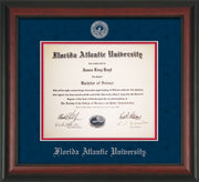 Image of Florida Atlantic University Diploma Frame - Rosewood - w/Silver Embossed FAU Seal & Name - Navy Suede on Red mat