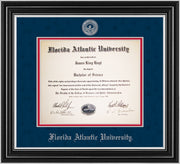 Image of Florida Atlantic University Diploma Frame - Satin Silver - w/Silver Embossed FAU Seal & Name - Navy Suede on Red mat