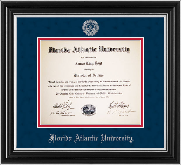 Image of Florida Atlantic University Diploma Frame - Satin Silver - w/Silver Embossed FAU Seal & Name - Navy Suede on Red mat