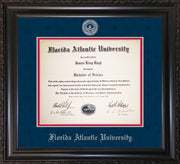 Image of Florida Atlantic University Diploma Frame - Vintage Black Scoop - w/Silver Embossed FAU Seal & Name - Navy Suede on Red mat