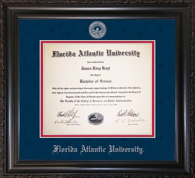 Image of Florida Atlantic University Diploma Frame - Vintage Black Scoop - w/Silver Embossed FAU Seal & Name - Navy Suede on Red mat