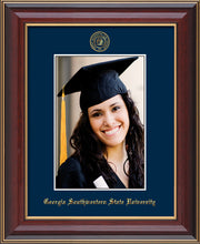 Image of Georgia Southwestern State University 5 x 7 Photo Frame - Cherry Lacquer - w/Official Embossing of GSW Seal & Name - Single Navy mat