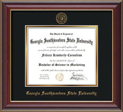 Image of Georgia Southwestern State Univerity Diploma Frame - Cherry Lacquer - w/Embossed Seal & Name - Black on Gold mat