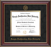 Image of Georgia Southwestern State Univerity Diploma Frame - Cherry Lacquer - w/Embossed Seal & Name - Black Suede on Gold mat